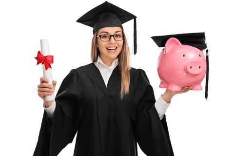 Happy graduate student holding a diploma and a piggybank isolated on white background