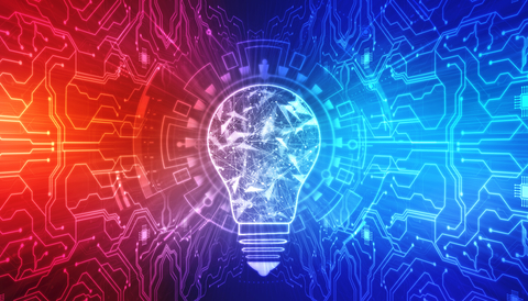 glowing light bulb with red and blue background representing intelligence