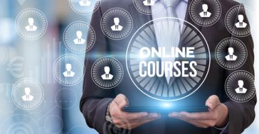 Online course show businessman on blurred background.