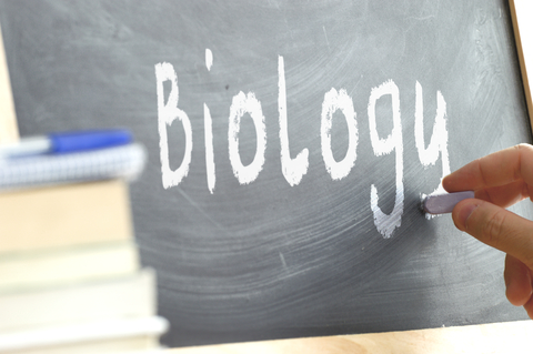 the word biology written on a chalk board