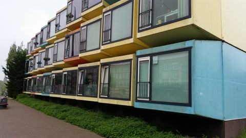 outside of multi-colored student housing building