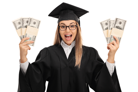 Overjoyed graduate student holding bundles of money isolated on white background