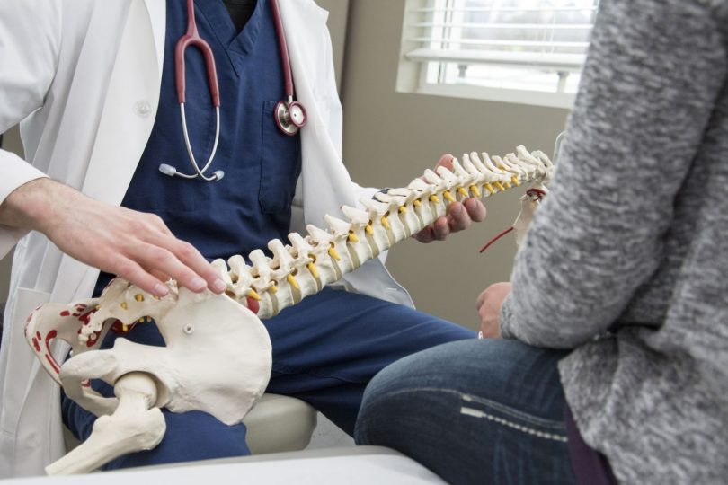 chiropractor holding a spine model in front of a patient